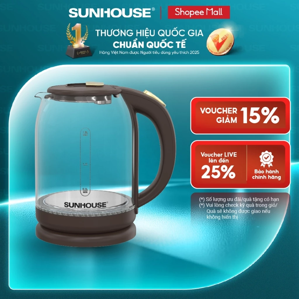 Ấm siêu tốc thủy tinh 1.8L Sunhouse SHD1212 - 1500W - Thang đo mực nước tiện lợi - Tự ngắt khi quá nhiệt
