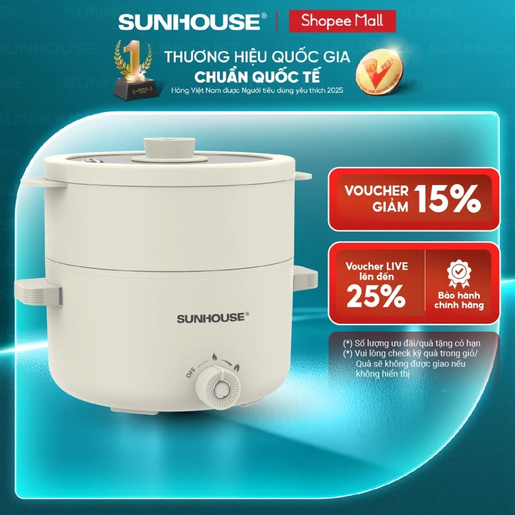 Nồi điện mini đa năng 2.0L Sunhouse SHD4517 - Đa năng 4in1 - Lòng nồi chống dính Ceramic - Gia nhiệt trực tiếp
