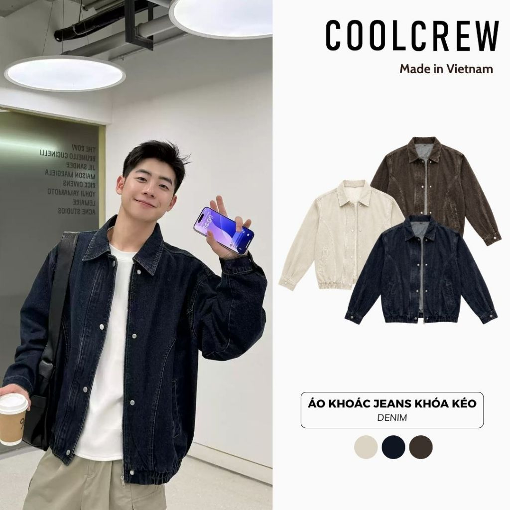 Áo Khoác Jeans Khóa Kéo COOLCREW Cổ Bẻ Form Rộng Unisex Chất Liệu Denim Dày…
