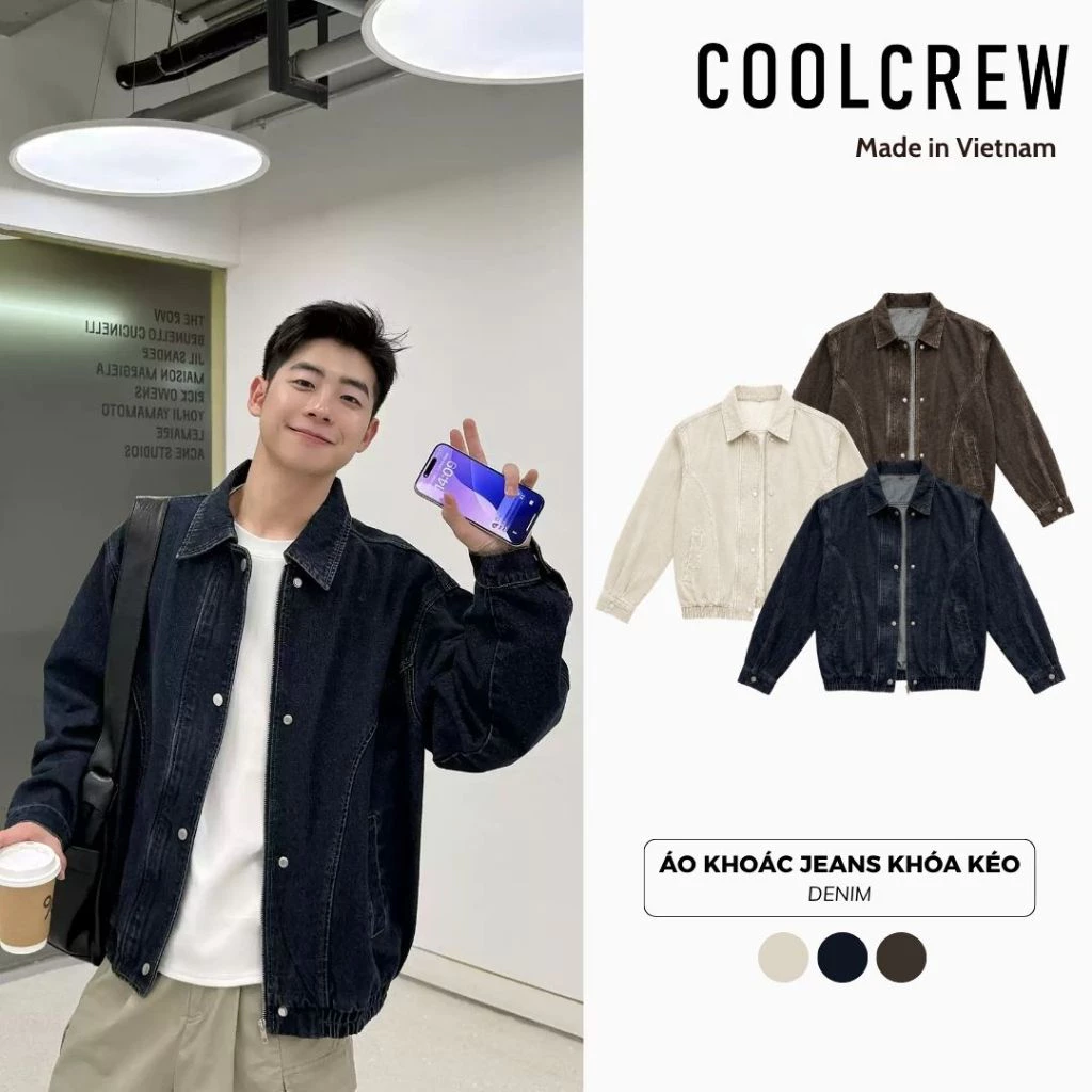 Áo Khoác Jeans Khóa Kéo COOLCREW Cổ Bẻ Form Rộng Unisex Chất Liệu Denim Dày Dặn Cao Cấp Phong Cách Hàn Quốc AKD172
