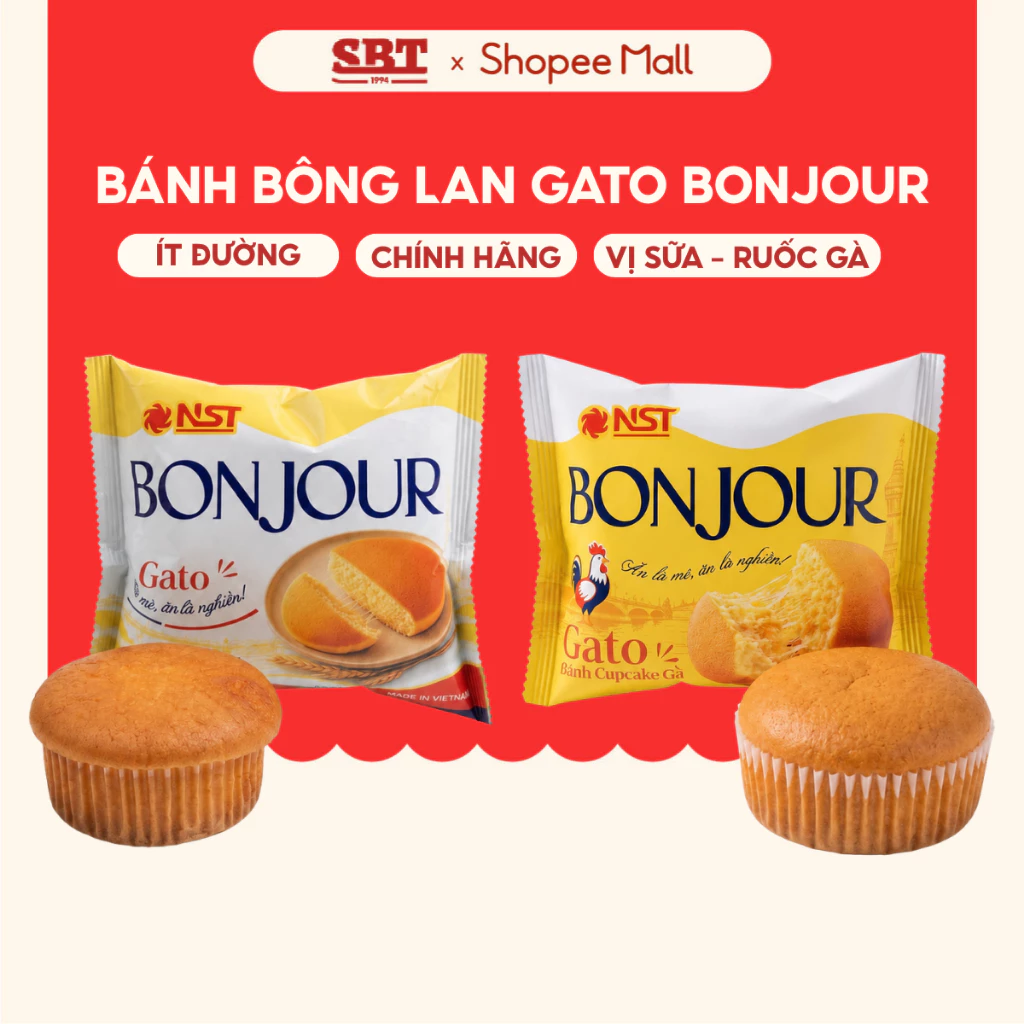 Bánh Bông Lan Bonjour NST SBT 65g – 2 Vị Bơ Sữa & Ruốc Gà – Bánh Mềm Thơm, Tiện Lợi