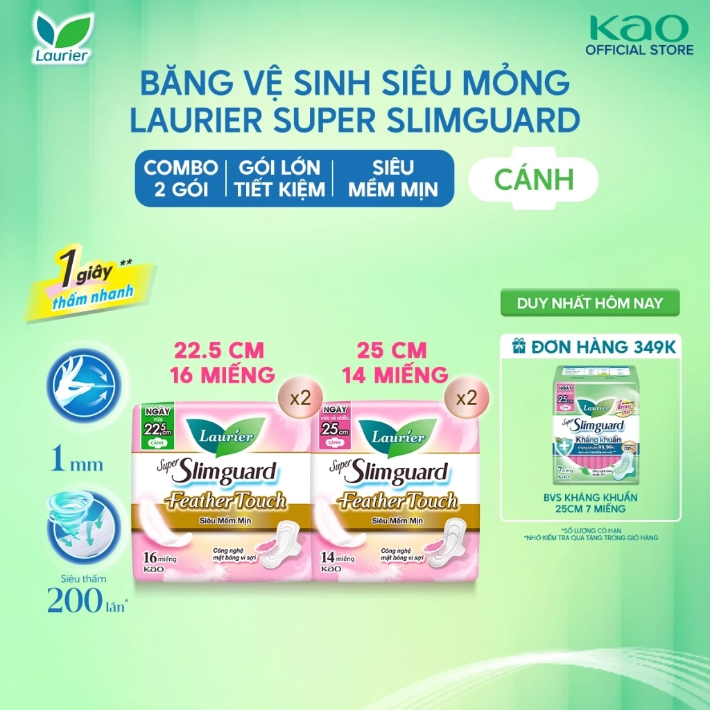 (Chọn loại) (Gói Lớn Tiết Kiệm) Combo 2 Băng Vệ Sinh Laurier Siêu Mỏng 1mm Feather Touch Siêu Mềm Mịn