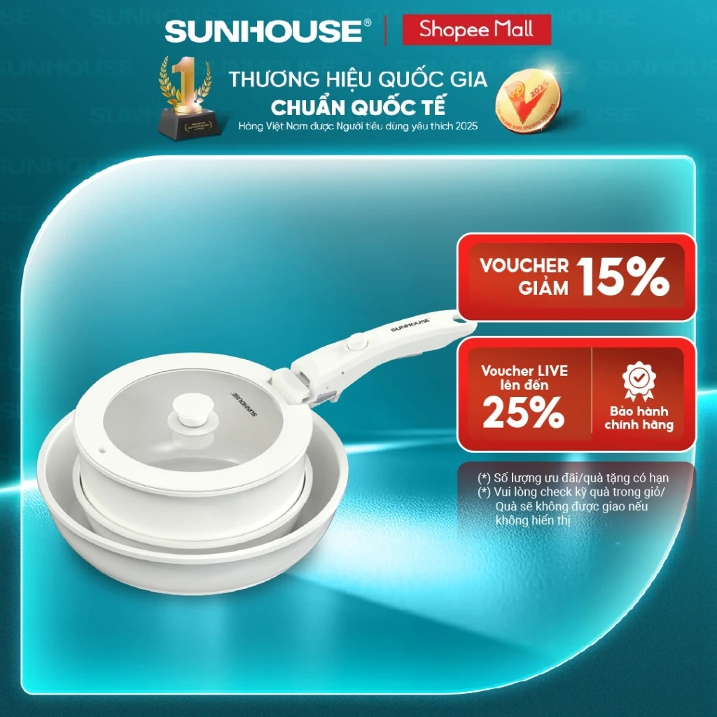 [Độc Quyền] Bộ nồi chảo cán rời chống dính 3 món Sunhouse Trendy SHG509M - Chống dính Ceramic -Dùng mọi loại bếp