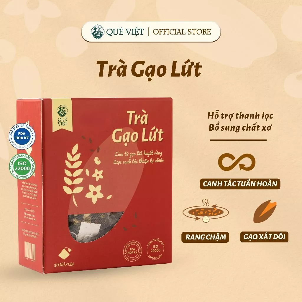 Trà gạo lứt Quê Việt thanh lọc gan, giải độc cơ thể nguyên liệu tự nhiên an toàn Hộp 450gram (30 túi *15gram)