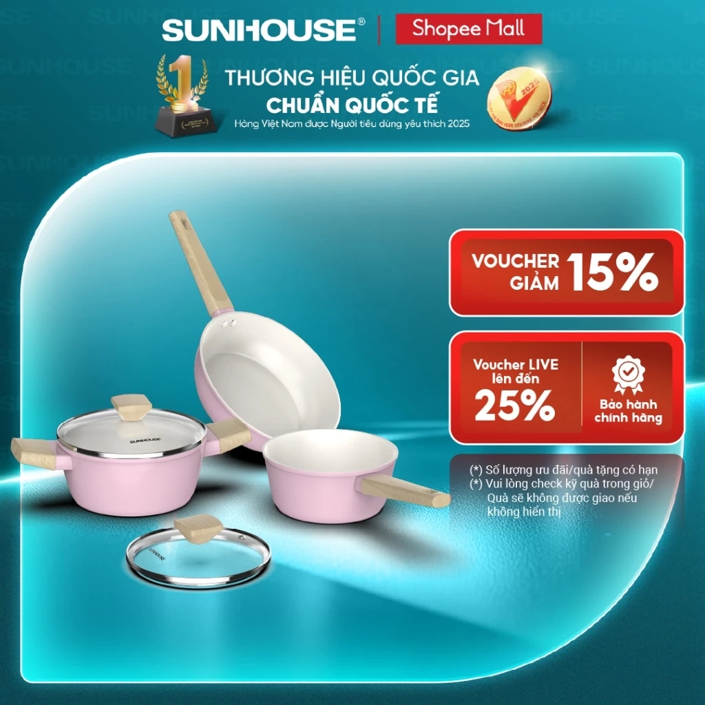 Bộ nồi phủ sứ Nano đáy từ Sunhouse Healthy SHG7979MP3/MT3 - Chống dính Nano Ceramic - Dùng mọi loại bếp