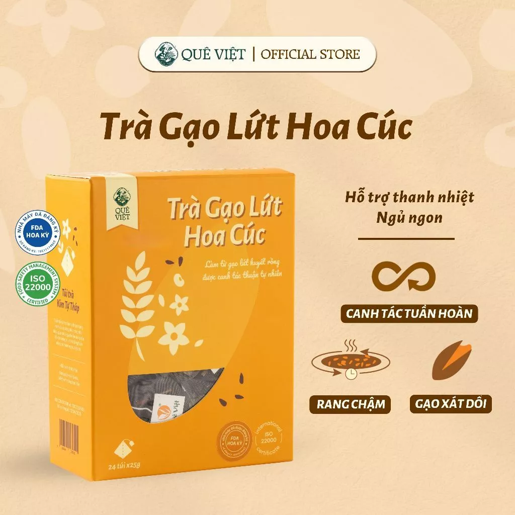 Trà hoa cúc gạo lứt Quê Việt thanh nhiệt, ngủ ngon, điều hoà huyết áp - Hộp 450g (30 túi x 15g)