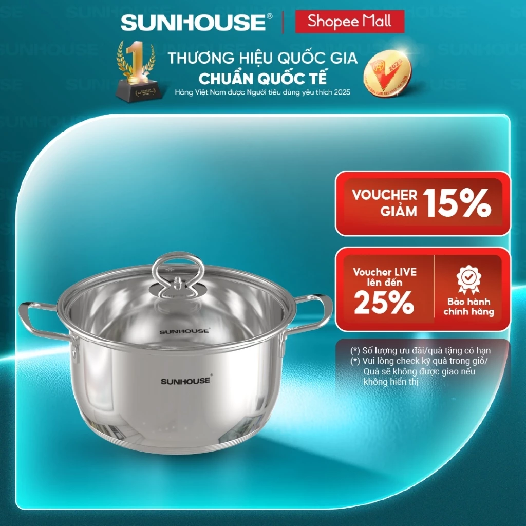 Nồi Inox 5 đáy Sunhouse SHG788- 16/20/24 cm - Công nghệ Impact Bonding - Hiệu suất bắt từ 100% - Dùng mọi loại bếp