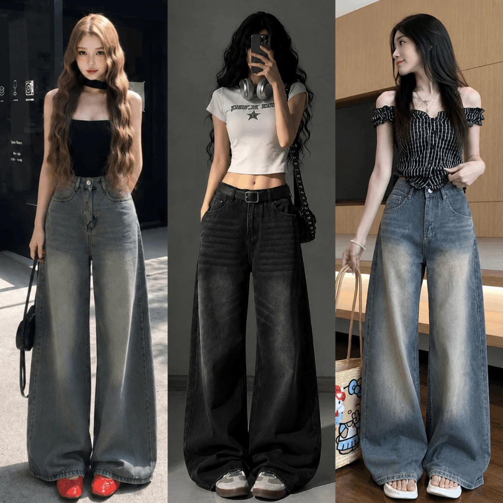 Quần Jean Suông Ống Rộng Nữ Xanh Đen RETRO Form Đứng Dáng Dài Chất Jean Denim Mềm Lưng Cao Giữ Eo