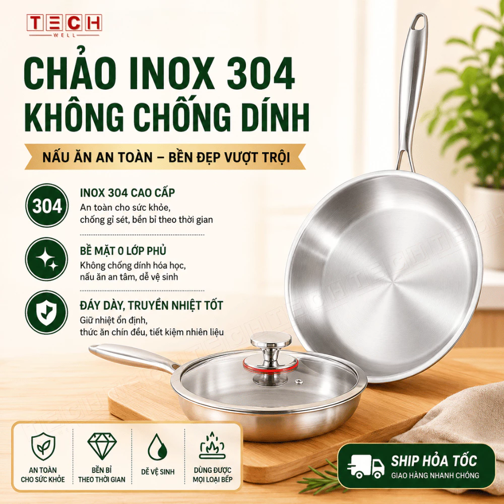 Chảo Inox 304 Cao Cấp 22-26cm Có Nắp/Không Nắp, Chảo Inox Dùng Mọi Loại Bếp Siêu Tiện Lợi