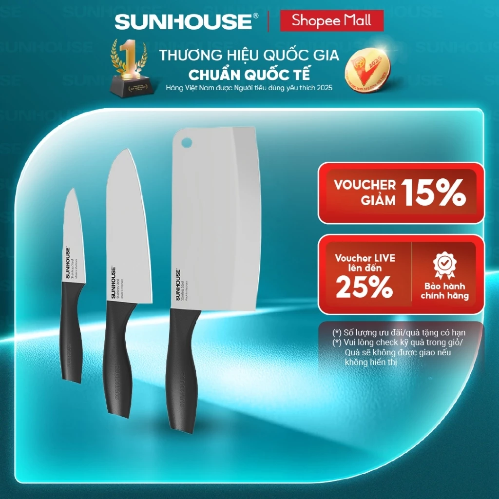 Bộ dao 3 chiếc Eco Family Sunhouse KS-KN3E1 - Lưỡi dao làm từ thép SUS420J2 không gỉ - Gồm 3 dao: chặt, gọt và làm bếp