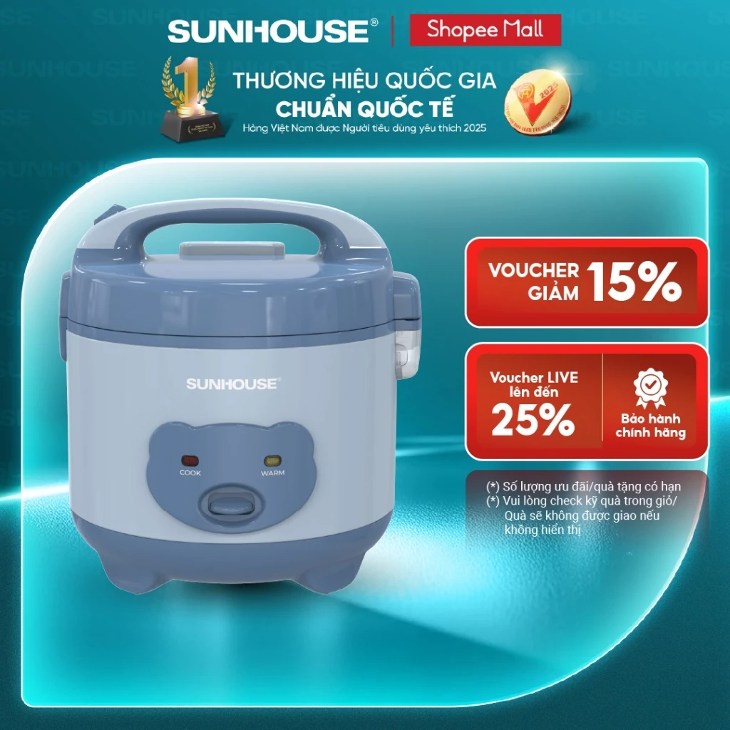 Nồi cơm điện 1.2L Sunhouse SHD8214 - 500W, Gia đình 2-3 thành viên - Nút gạt tiện lợi - Lòng nồi phủ chống dính kép