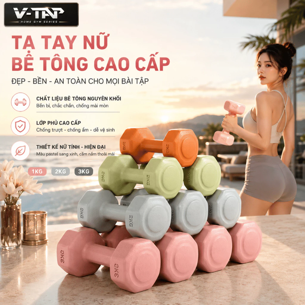 Tạ tay nữ 1-3kg lõi bê tông bọc nhựa, Tập yoga, Thể dục tại nhà, Chống trơn chống xước vỡ sàn-1 Quả