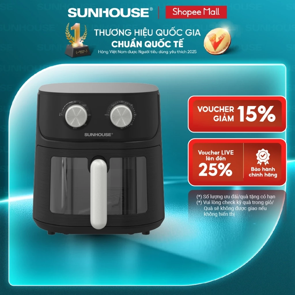 [Live] Nồi chiên không dầu 6.5L Sunhouse SHD4032 - Khoang chiên trong suốt  - Công nghệ Rapid Air 360 độ