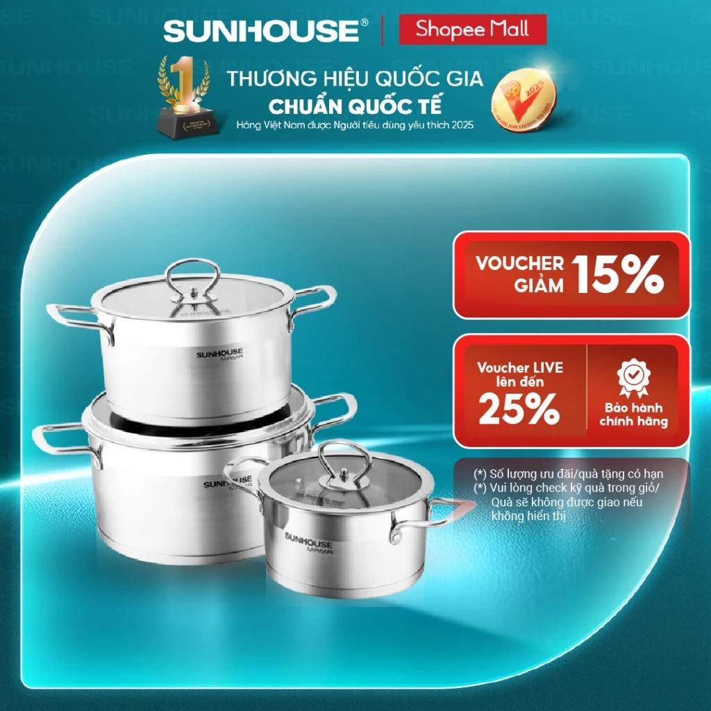 Bộ nồi inox 5 đáy Sunhouse Mama SH784: Gồm 3 nồi - Dùng mọi loại bếp - Đáy 5 lớp hạn chế cháy khét - Hàng chính hãng