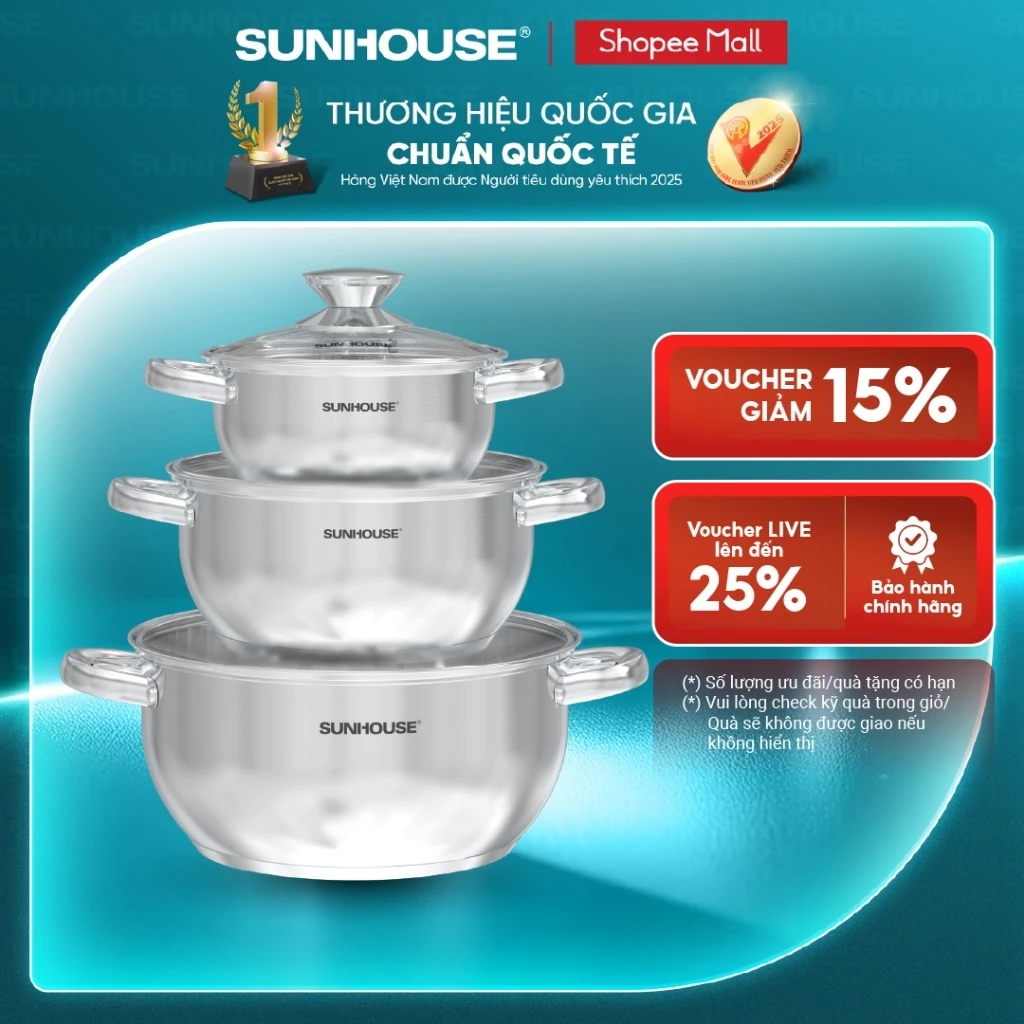 Bộ nồi inox 3 đáy Sunhouse Eco SHG334E - Gồm 3 nồi 16-20-24cm - Inox an toàn, chất lượng - Dùng cho mọi loại bếp