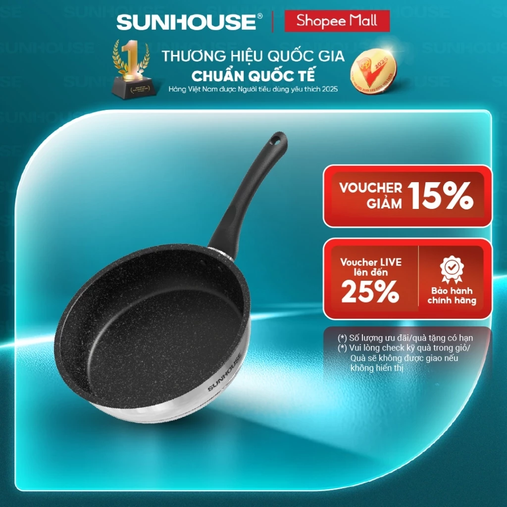 Chảo cạn inox 5 đáy Sunhouse IN20M4 - IN24M4 - IN26M4 - Đáy phẳng hoàn hảo từ công nghệ impact bonding,không phồng đáy