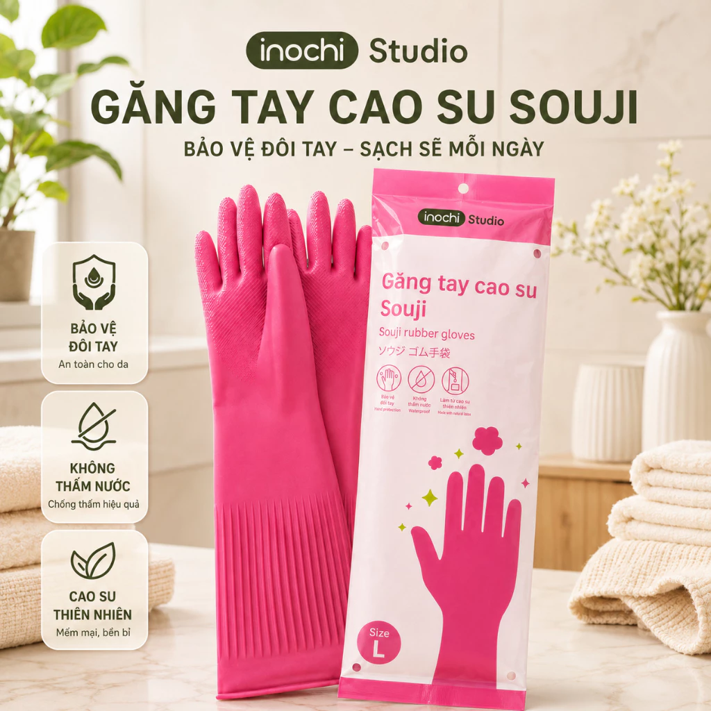 Găng Tay Cao Su Souji Inochi Chính Hãng - Găng Tay Rửa Chén Chống Thấm, Cao Su Thiên Nhiên Mềm Mại