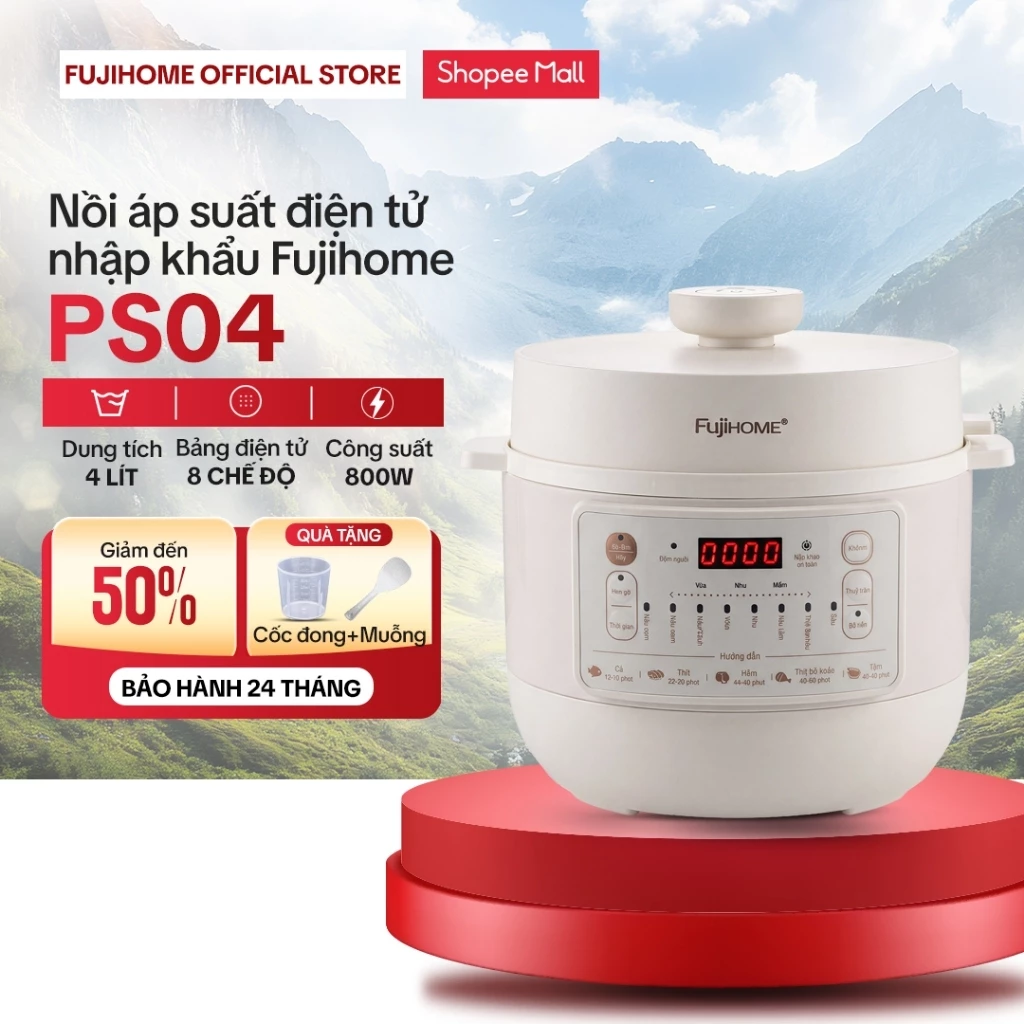 Nồi áp suất điện tử 4 Lít Fujihome PS04, nồi nấu đa năng 800W lòng nồi cao cấp Inox 304, điều khiển điện tử 8 chức năng