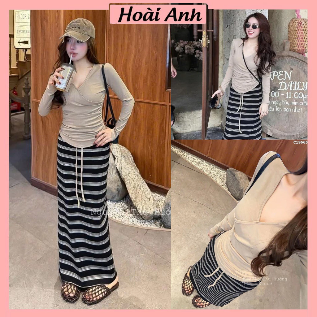 Set Bộ Đồ Nữ Áo Zip Nâu Vạt Chéo Cổ V Dài Tay Nhún Eo Mix Chân Váy Kẻ Ngang Đuôi Cá Dáng Dài
