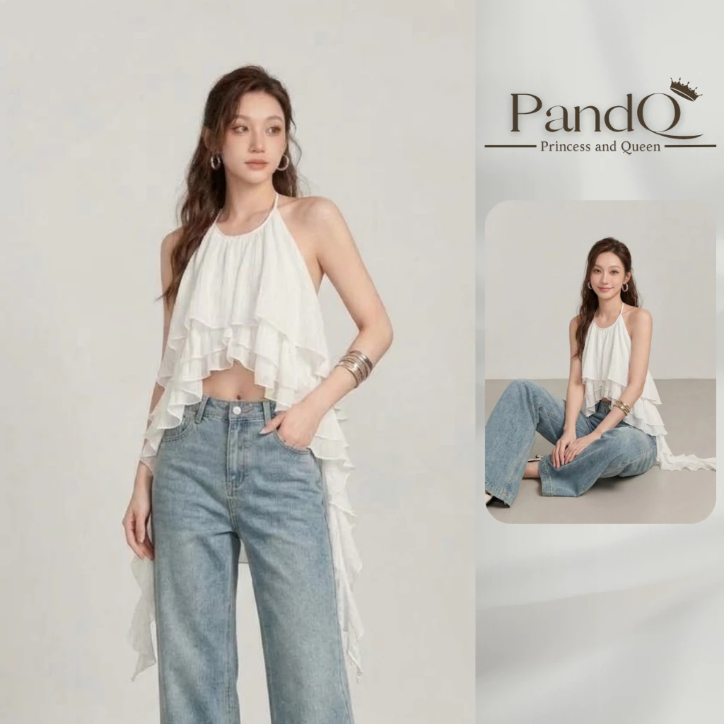 Áo yếm nữ PandQ vạt bất đối xứng đuôi tôm phong cách tiểu thư Ulzzang sang chảnh | ao0017