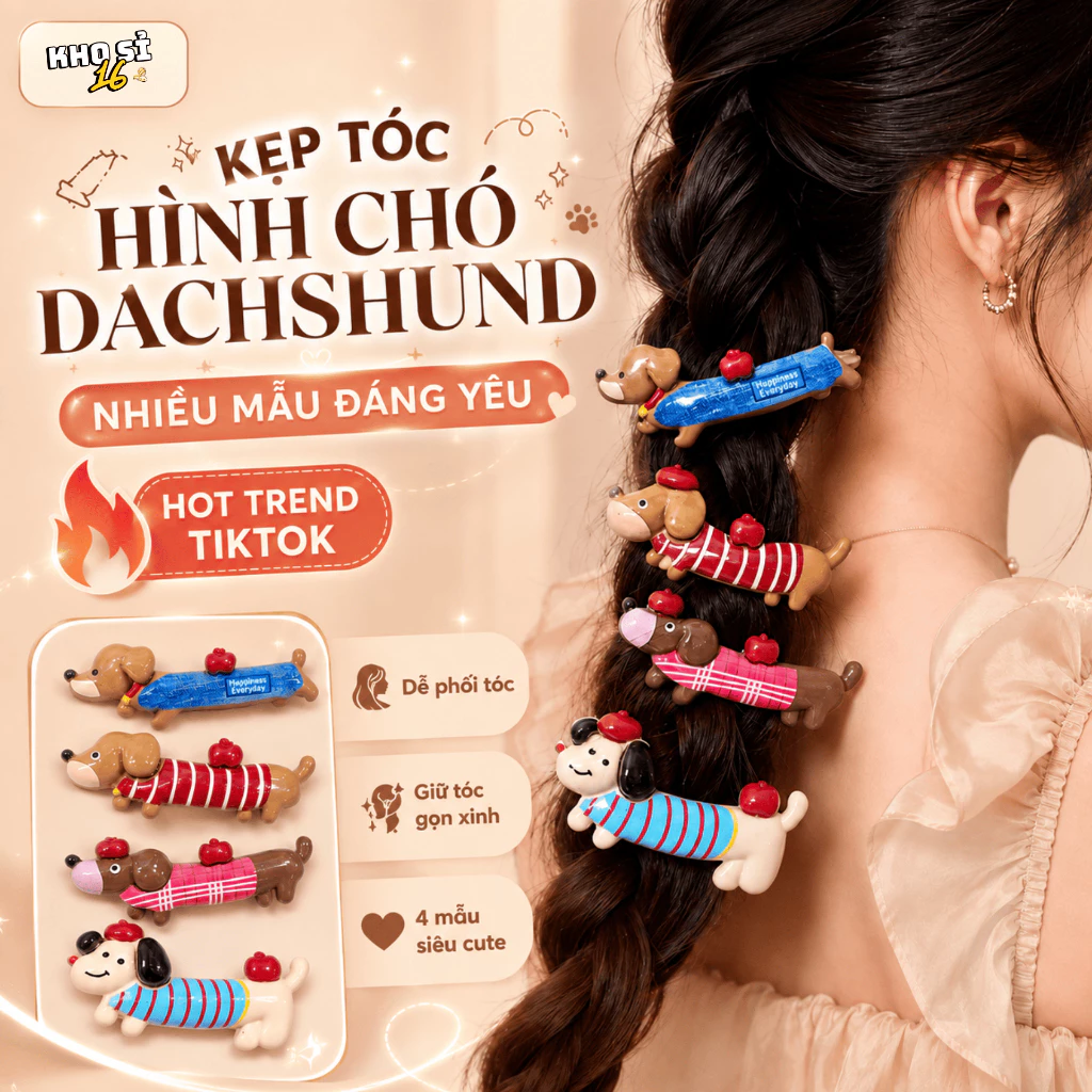 Kẹp Tóc Mái Hình Cún Xúc Xích Nhiều Màu Phong Cách Dễ Thương, Phụ Kiện Tóc Nữ Xinh Xắn Đi Học_khosi16