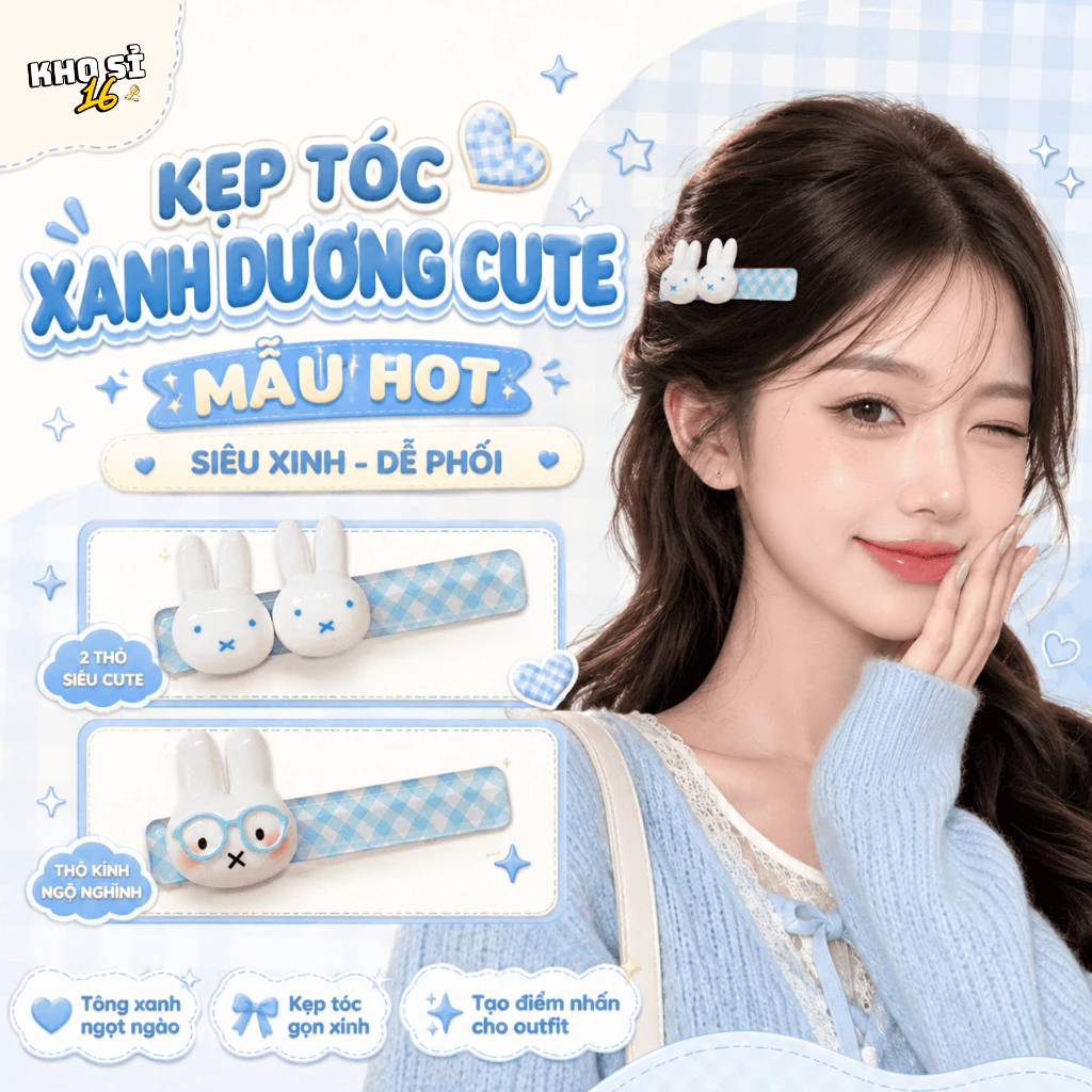 Kẹp Tóc Nữ Hình Thỏ Cute Màu Trắng Xanh, Phụ Kiện Tóc Dễ Thương Họa Tiết Caro Nhỏ Gọn Xinh Xắn_khosi16