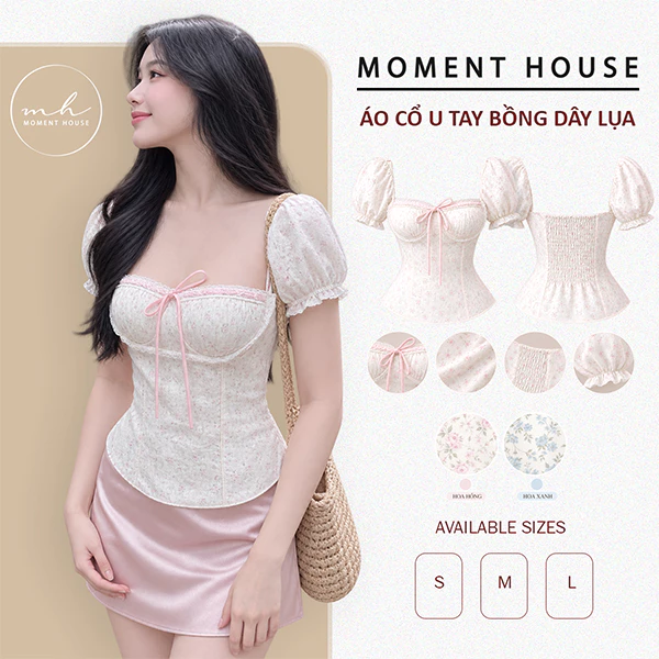 ÁO CỔ U TAY PHỒNG DÂY LỤA – ÁO HOA NỮ CÓ MÚT, FORM TÔN DÁNG
