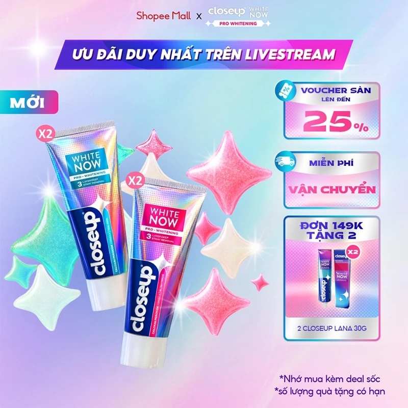 [ĐỘC QUYỀN SHOPEE][LIVE] Kem Đánh Trắng Răng Closeup White Now Pro Whitening Peroxide Sạch 3 Tầng Vết Ố 85G
