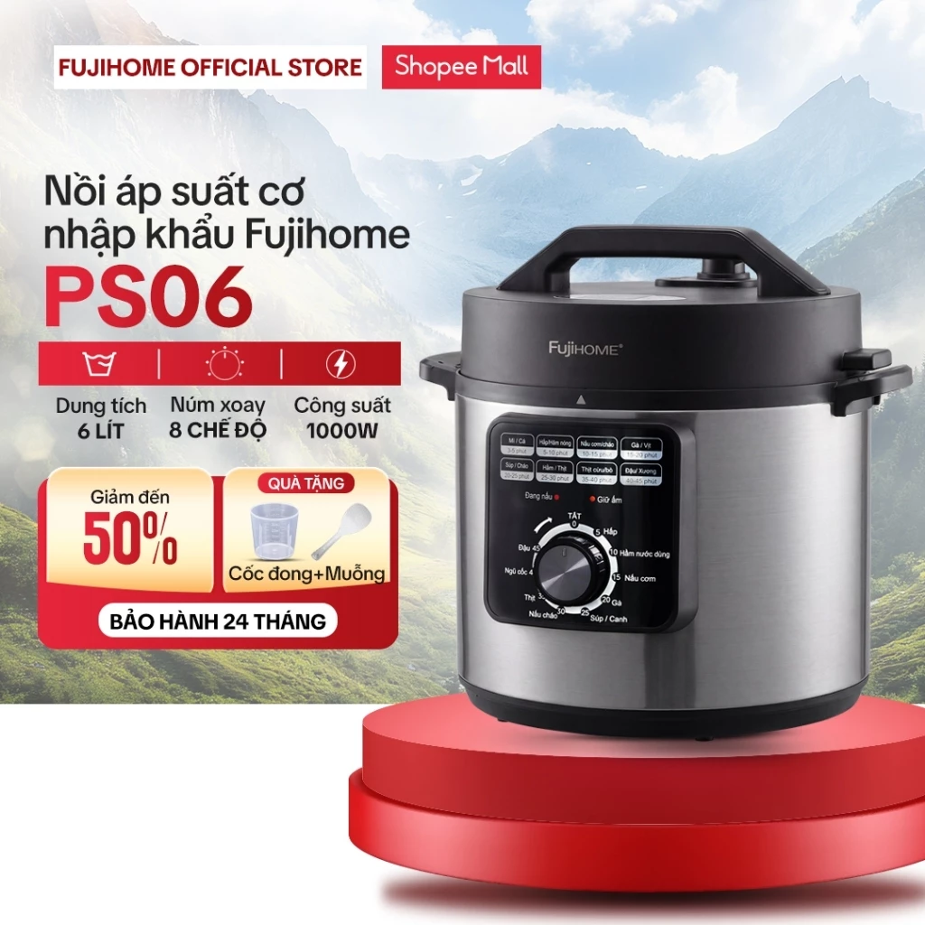 Nồi áp suất cơ 6 Lít Fujihome PS06 1000W Nhập Khẩu, nồi nấu đa năng 8 chế độ nấu hẹn giờ nấu thông minh chính hãng