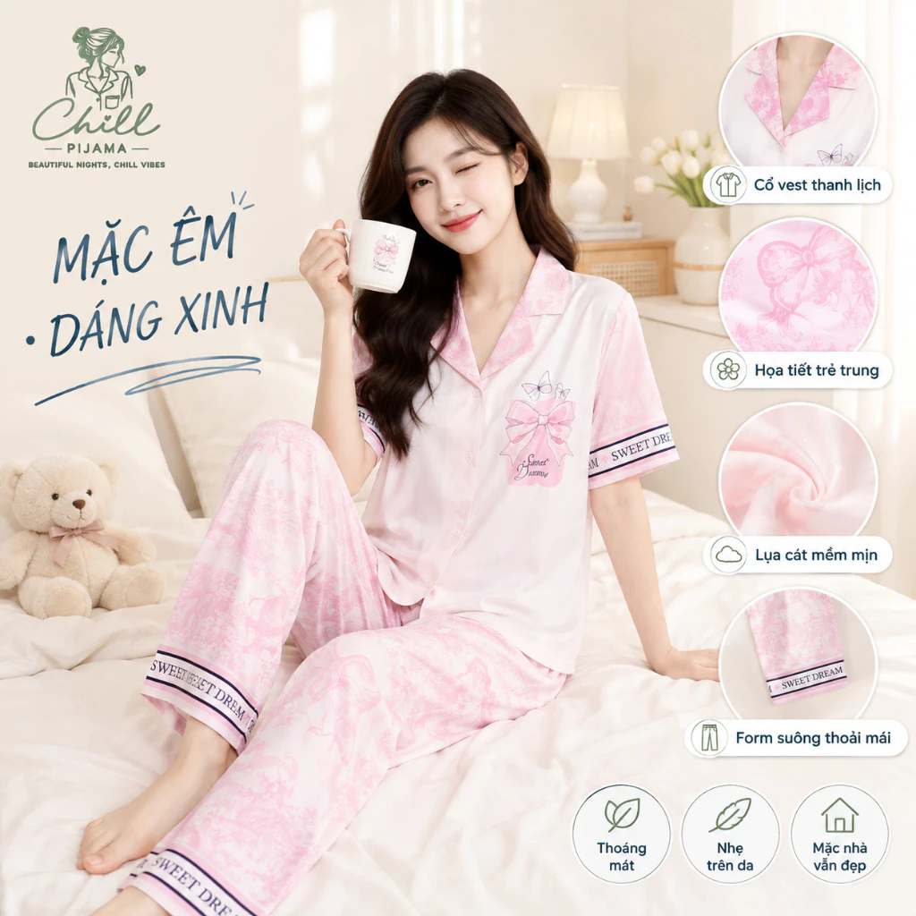 [Chill Pijama] Bộ Quần Dài Áo Cộc Lụa Cát In hình LABUBU Cao Cấp - Mềm Mại Thoáng Khí Size 42-69kg