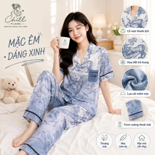 [Chill Pijama] Bộ Quần Dài Áo Dài Lụa In Hình Họa Tiết Dễ Thương Dễ Chịu Khi Ngủ, Size 42-69kg