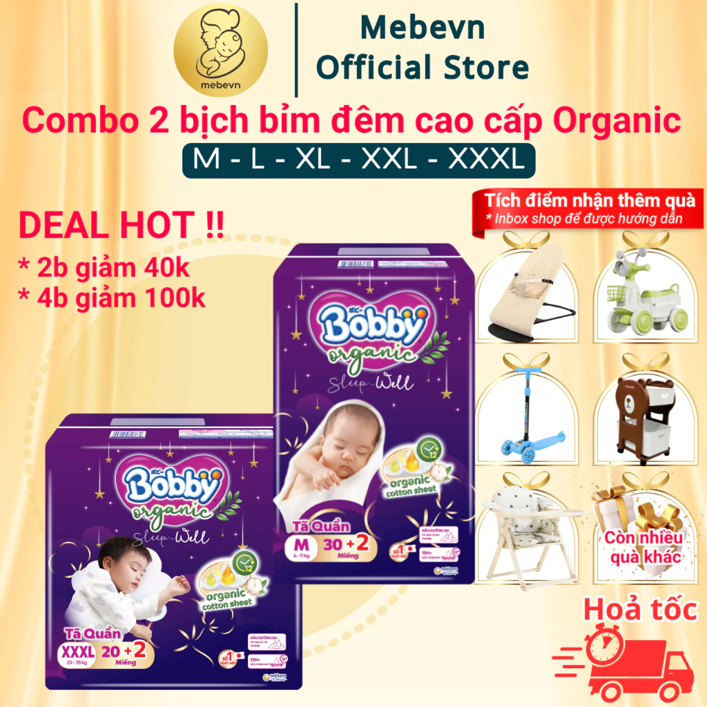 Combo 2 bịch bỉm đêm cho bé Bobby Organic cao cấp, bỉm bobby quần chính hãng thấm hút đến 12 tiếng