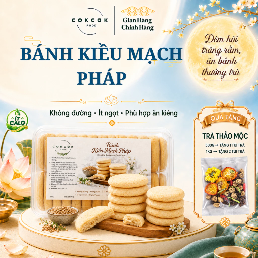 Bánh Kiều Mạch Pháp Mềm Xốp Cokcok Food - Không Đường, Ít Calo, Tốt Cho Sức Khỏe, Bánh Ăn Kiêng Healthy Tiện Lợi