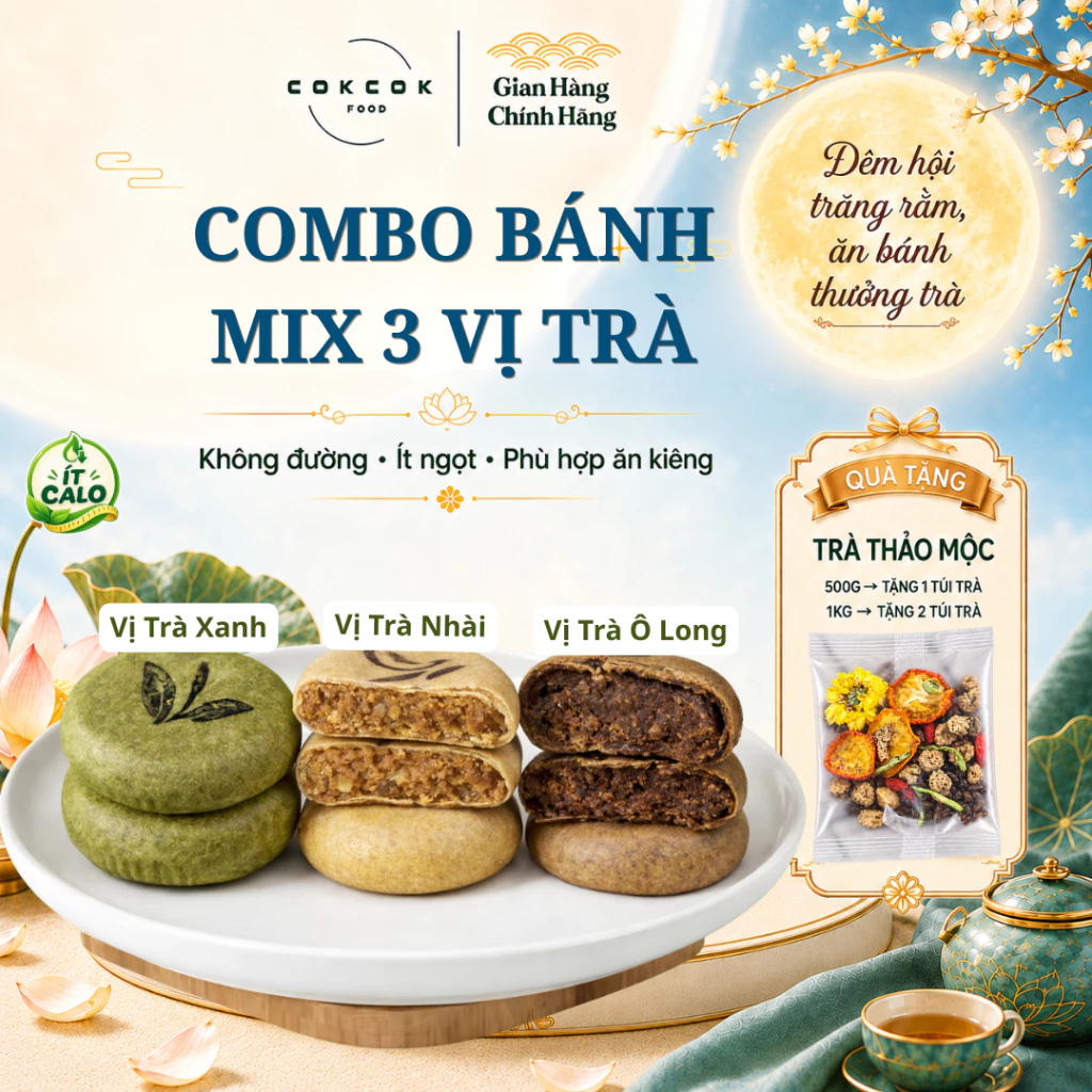 [Combo Bánh 3 Vị Trà Healthy] Bánh Trà Xanh, Trà Nhài, Ô Long Nam Việt Quất Không Đường, Mềm Mịn, Ít Calo,Ăn Vặt Healthy