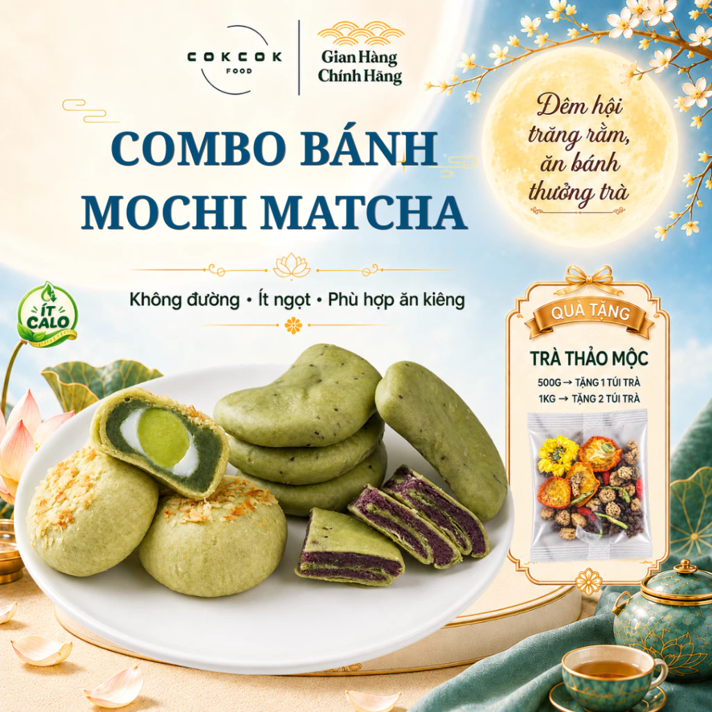 Combo Bánh Mochi Matcha Không Đường CokcokFood, Ít Calo, Bánh Healthy Eatclean Mềm Dẻo, Dành Cho Người Ăn Kiêng