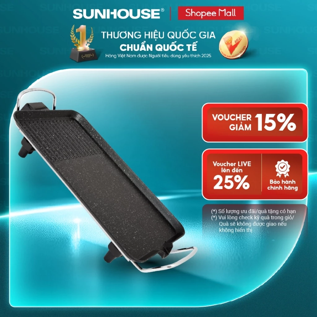 Bếp nướng điện Sunhouse SHD4607 - Công suất 1500W - Một miệng rót mỡ thừa tiện dụng - Phích cắm rời, 2 chấu