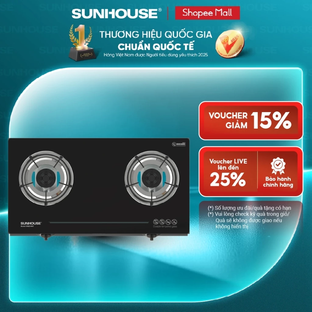 Bếp gas dương kính Sunhouse SHB204MT - Mặt kính cường lực - Đầu hâm công nghệ mới