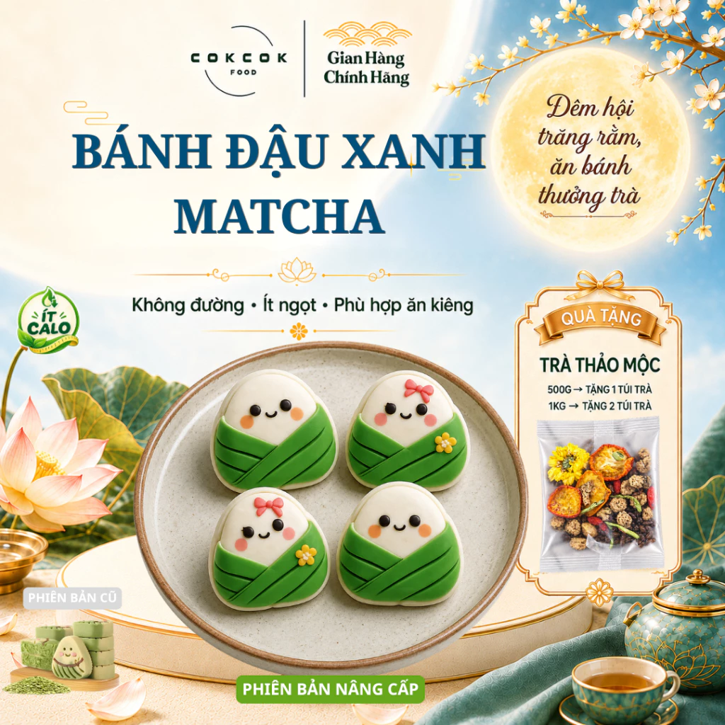 Bánh Đậu Xanh Matcha Không Đường CokcokFood - Bánh Ít Calo Healthy, Ăn Vặt Lành Mạnh, Bữa Sáng & Bữa Phụ Giàu Dinh Dưỡng