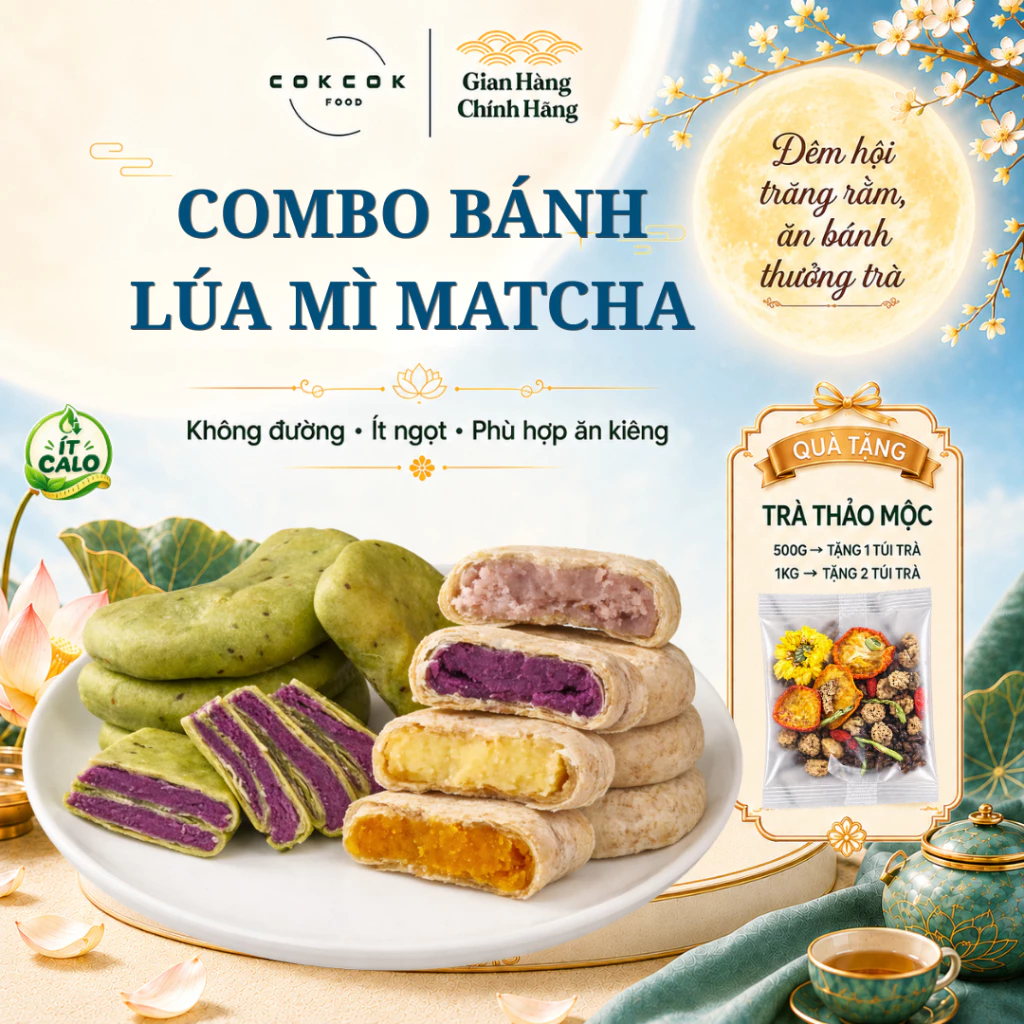 Combo Bánh Matcha Khoai Lang Tím & Bánh Lúa Mì Nguyên Cám CokCokFood – Không Đường, Ít Calo, Mềm Dẻo Healthy, Ăn Kiêng