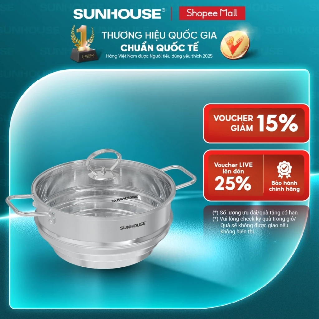 Xửng đa năng inox Sunhouse Eco SHG105-24 - An toàn - Tỏa nhiệt đều - Bảo toàn dưỡng chất - Phù hợp nhiều size nồi
