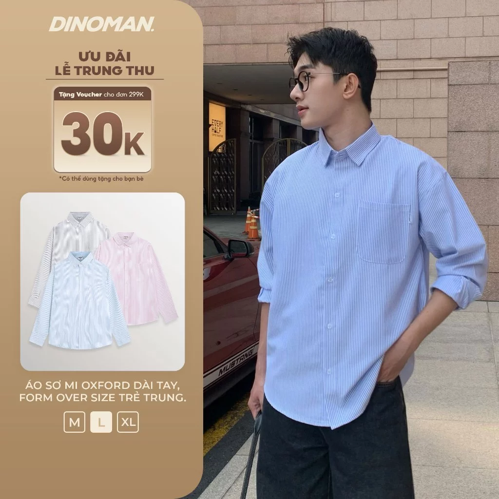 Áo Sơ Mi Oxford Kẻ Sọc Dài Tay Unisex DINOMAN Form Oversize Trẻ Trung Năng Động Chất Liệu Thoáng Mát  SM01-3