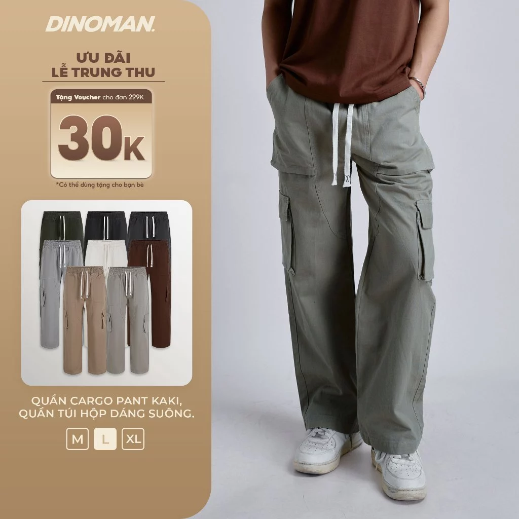 Quần Cargo Pant Kaki DINOMAN x Yumi Quần Túi Hộp Nam Nữ Dáng Suông Rộng Dễ Phối Đồ QTH01-2