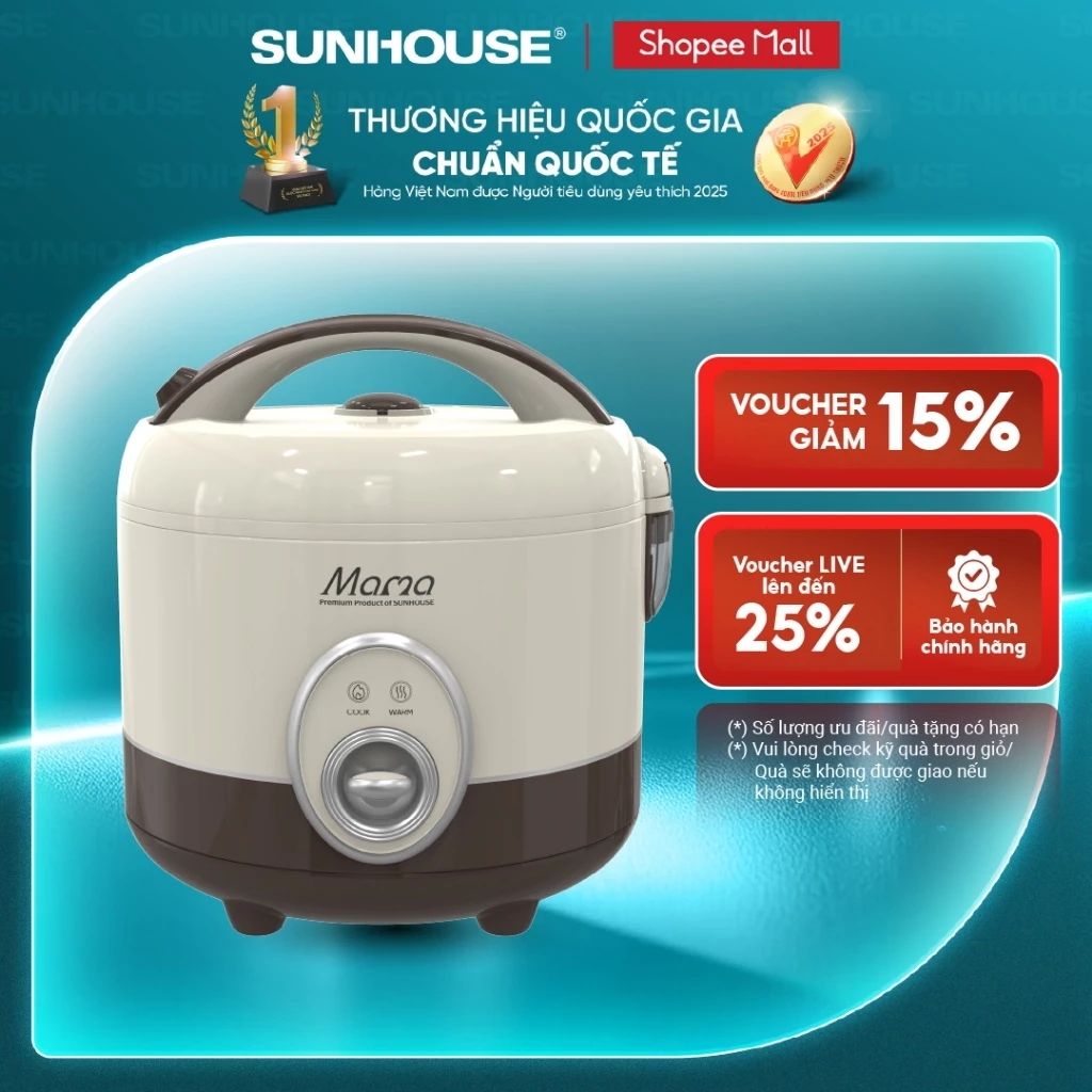 Nồi cơm điện 1.5L Sunhouse Mama SHD8277 - Dung tích 1.5L phù hợp 4-6 người - Chống dính Ceramic - Đa chức năng