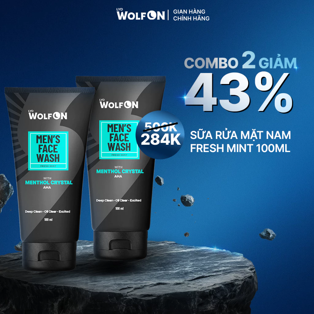 (MUA 2 GIẢM 43%) Sữa Rửa Mặt Nam LYD Wolf ON Fresh Mint 100ml AHA Bạc Hà, Làm Sạch Da, Kiểm Soát Dầu Thừa
