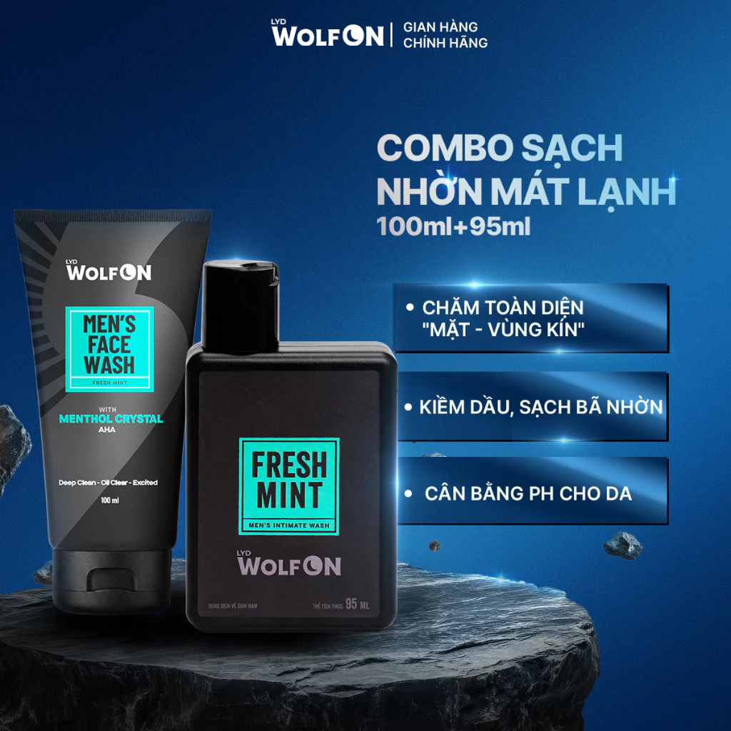 Combo Sữa Rửa Mặt Nam LYD Wolf ON Fresh Mint 100ml AHA Bạc + Dung dịch vệ sinh nam các mùi 95ml