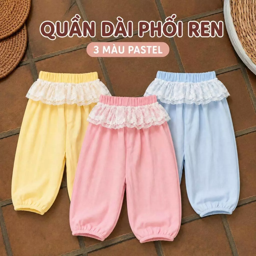Quần dài dáng bom bé gái bo chun gấu phối ren cạp điệu đà, quần harem ống rộng cho bé đi học đi chơi H&2T Baby Kid - S17
