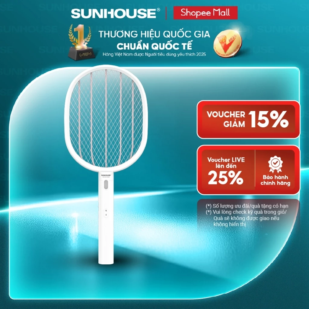 [Mẫu mới nâng cấp pin] Vợt muỗi Sunhouse SHE-EECVM27 - Tích hợp đèn pin chiếu sáng - Chống giật an toàn