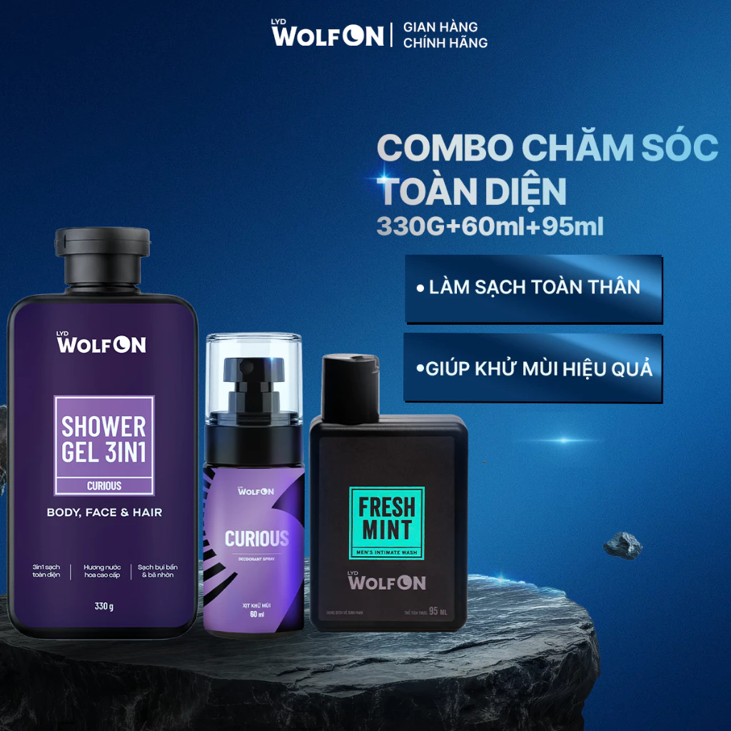 [LIVE] Combo Sữa Tắm Gội Nam 3in1 LYD Wolf On Curious 330g + Xịt khử Mùi Curious 60 ml + Dung Dịch Vệ Sinh 95ml