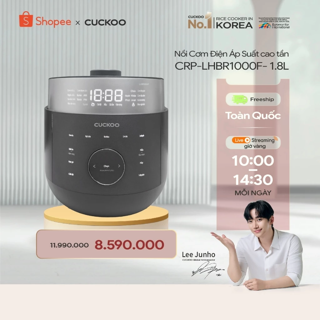Nồi Cơm Điện Tử Áp Suất Cao Tần Cuckoo CRP-LHBR1000F 1.8 Lít -Lòng nồi X-Wall Black - áp suất 2.0 ATM- bảng Tiếng Việt