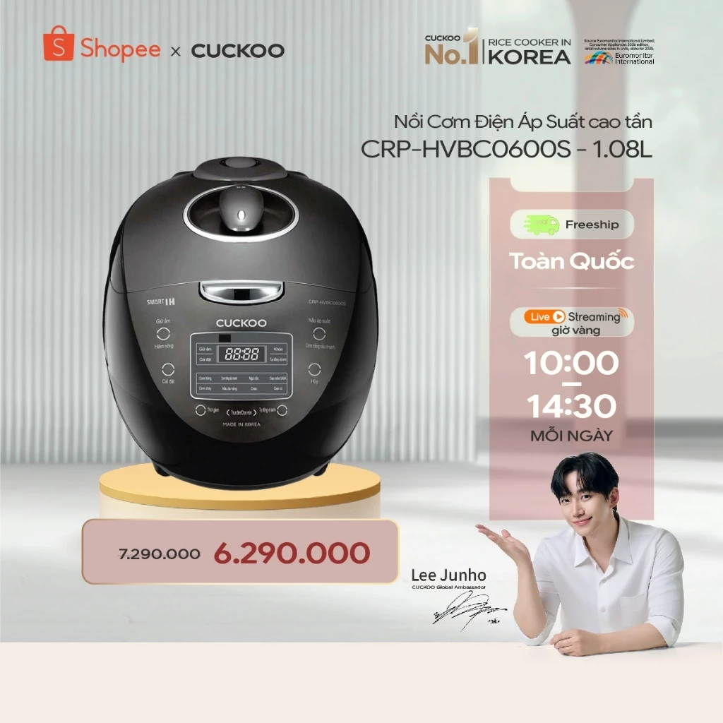 Nồi cơm điện tử áp suất cao tần Cuckoo 1.08 lít CRP-HVBC0600S- Tiếng Việt- lòng nồi chống dính cao cấp phủ Xwall Black